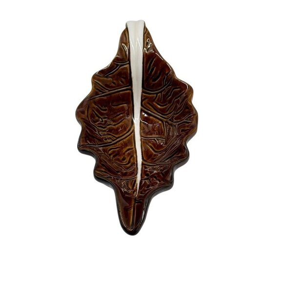 Over And Back Outfitters Stoneware Gravy Boat Glazed Brown White Leaf Ceramic - Picture 2 of 7